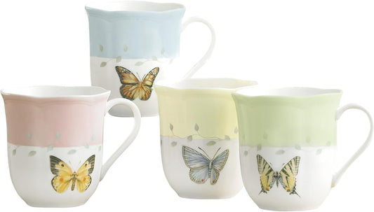 Coffee Mug Set, Butterfly Meadow Colors 4-Piece Mug Set, Service for 4, White Porcelain Mugs, 10 Oz Capacity, Microwave & Dishwasher Safe, Ceramic Mugs, Coffee Cups, Tea Cup (Assorted, 4 Piece)