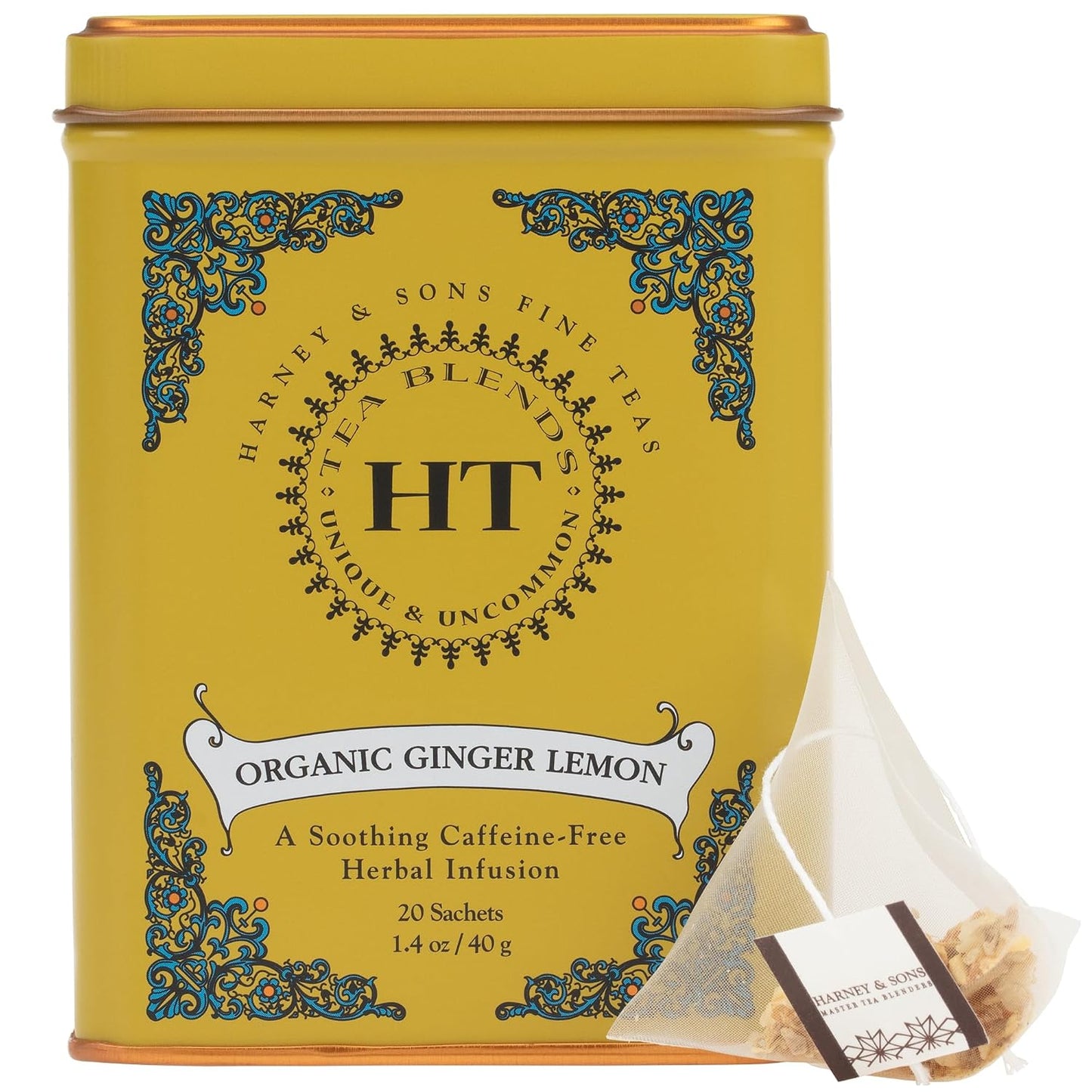 Organic Ginger Lemon Herbal Tea, 20 Sachets in Tin | Organic Herbal Tea with Ginger Root, Lemon Peel and Black Pepper. Naturally Caffeine Free.