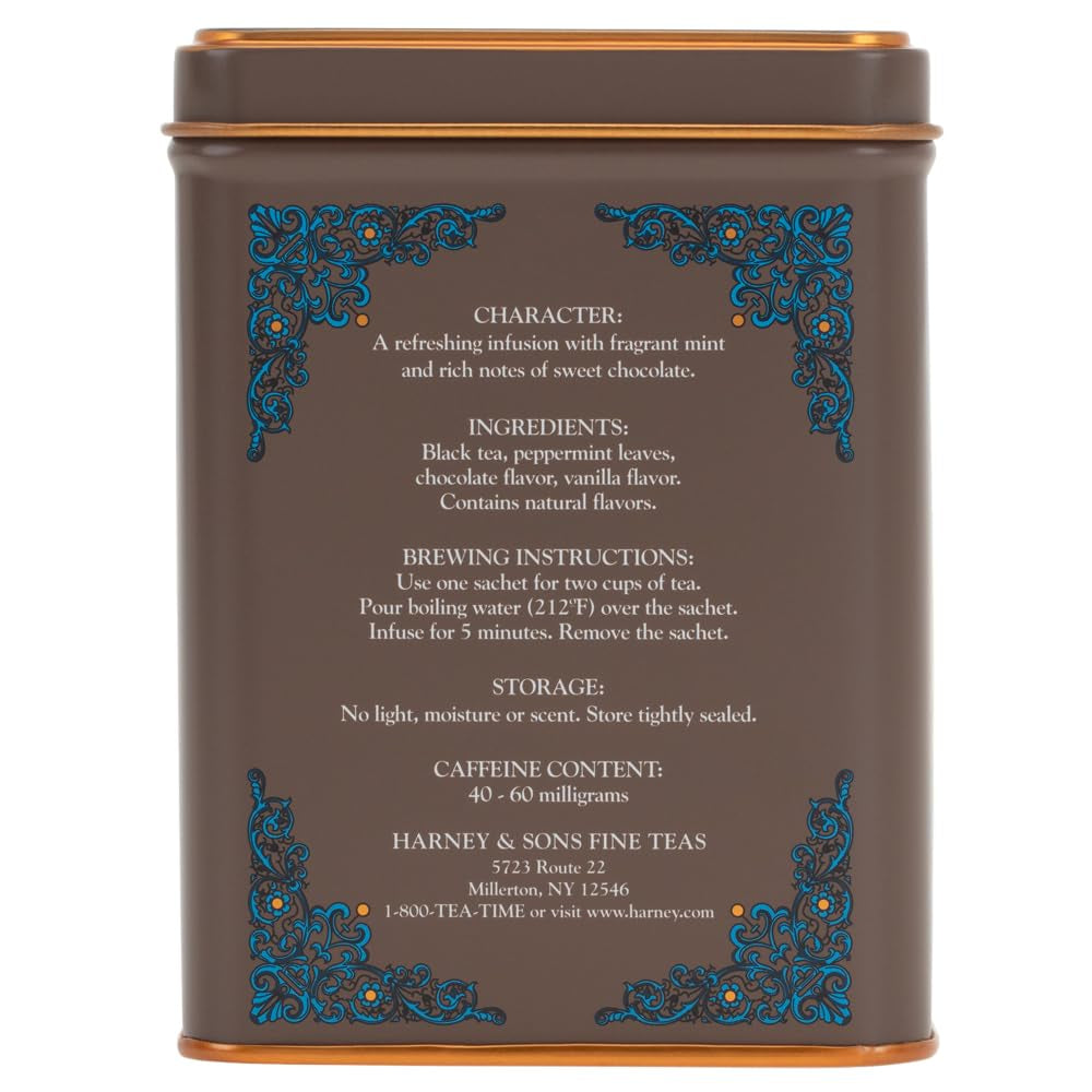 Harney and Sons Chocolate Mint, Flavored Black Tea - 20 Sachets per Tin | Chinese Black Tea, Chocolate, Peppermint & Vanilla Flavors, Caffeinated