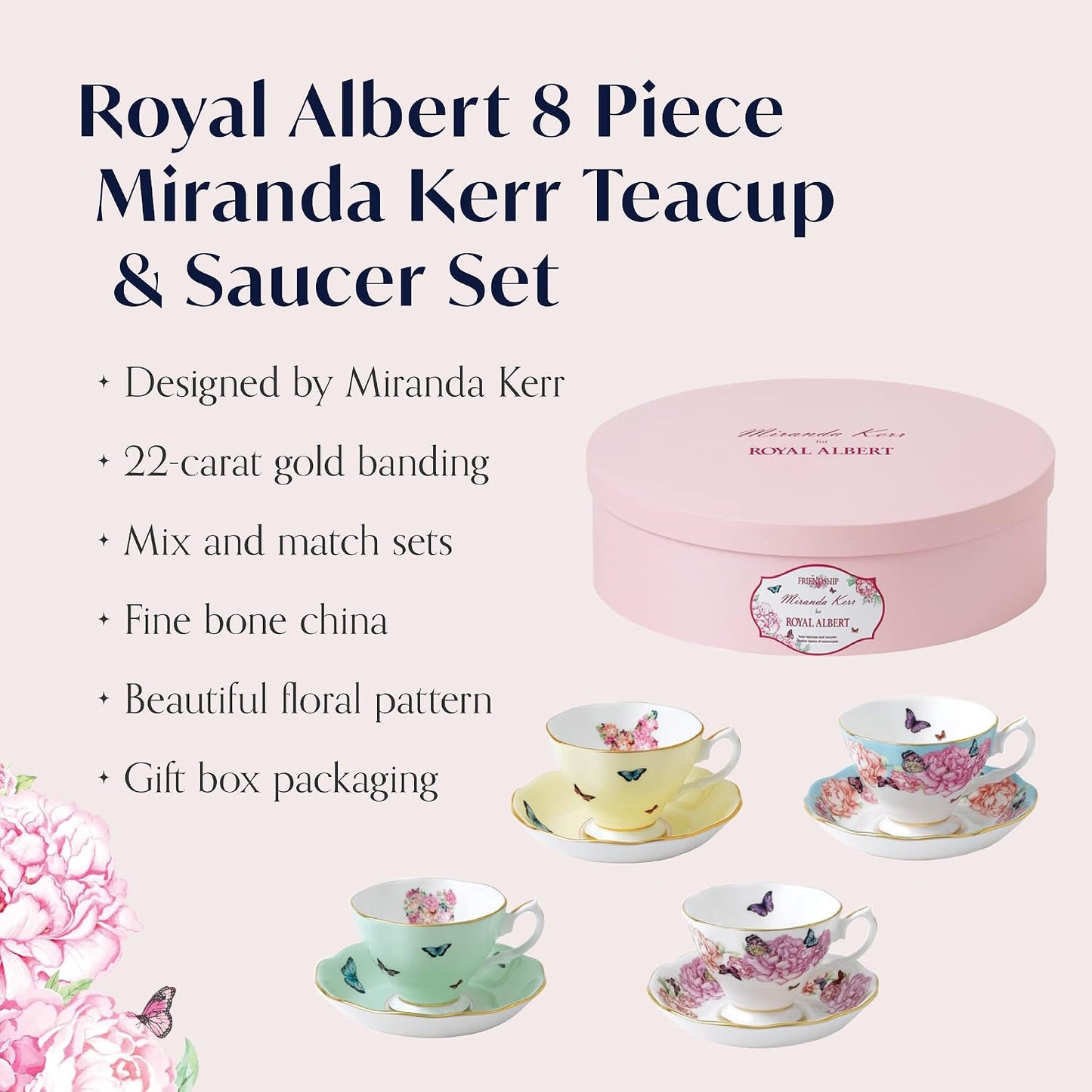 Miranda Kerr for  Mixed Patterns Teacup & Saucer Set of 4, 6Fl Oz