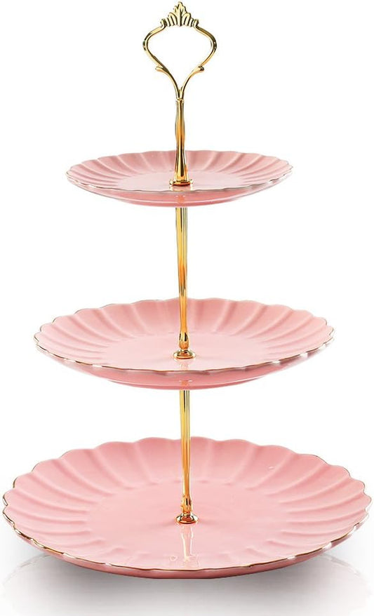 3 Tier Ceramic Cake Stand Wedding, Dessert Cupcake Stand for Tea Party Serving Platter (Pink)