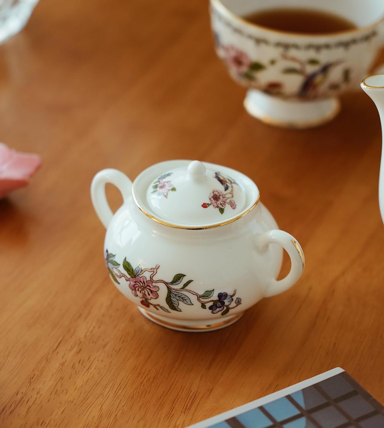 Fine Bone China Tea Party Set for Adult 7 Pieces Porcelain Flower Tea Set,Teapot and Set of 2 Teacups & Saucers with Sugar Bowl & Cream Jug