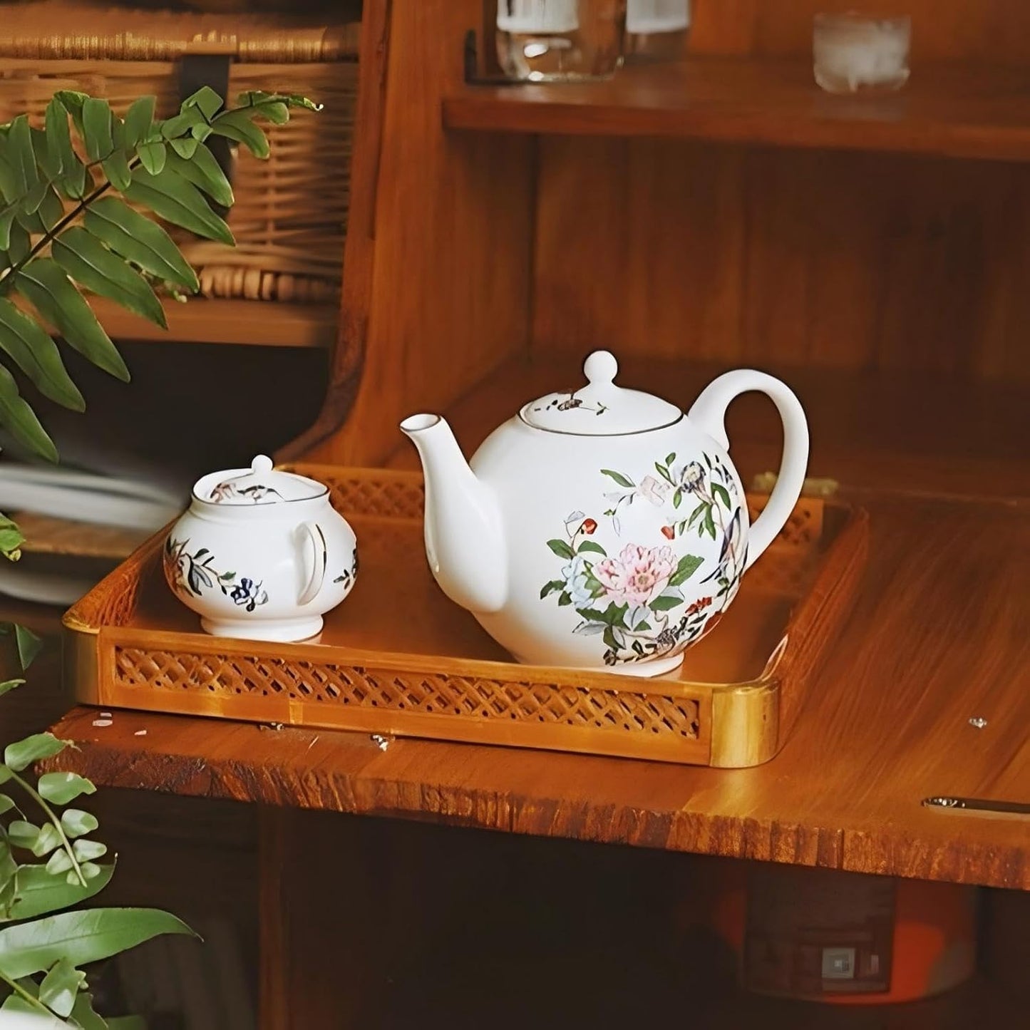 Fine Bone China Tea Party Set for Adult 7 Pieces Porcelain Flower Tea Set,Teapot and Set of 2 Teacups & Saucers with Sugar Bowl & Cream Jug