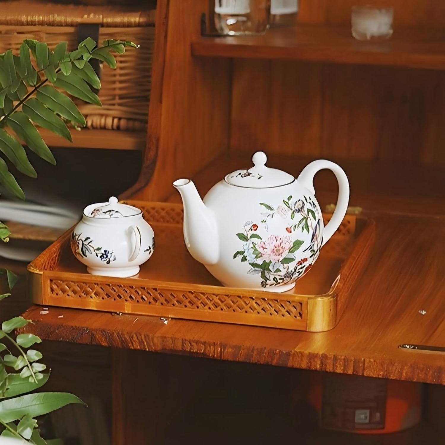 Fine Bone China Tea Party Set for Adult 7 Pieces Porcelain Flower Tea Set,Teapot and Set of 2 Teacups & Saucers with Sugar Bowl & Cream Jug