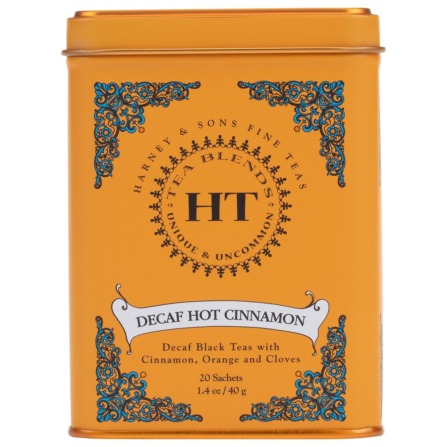 Harney and Sons Decaf Hot Cinnamon , Decaf Flavored Black 20 Sachets per Tin 1.4Oz | Decaffeinated Black Tea, Cinnamon, Orange Peel & Cloves, Naturally Sweet