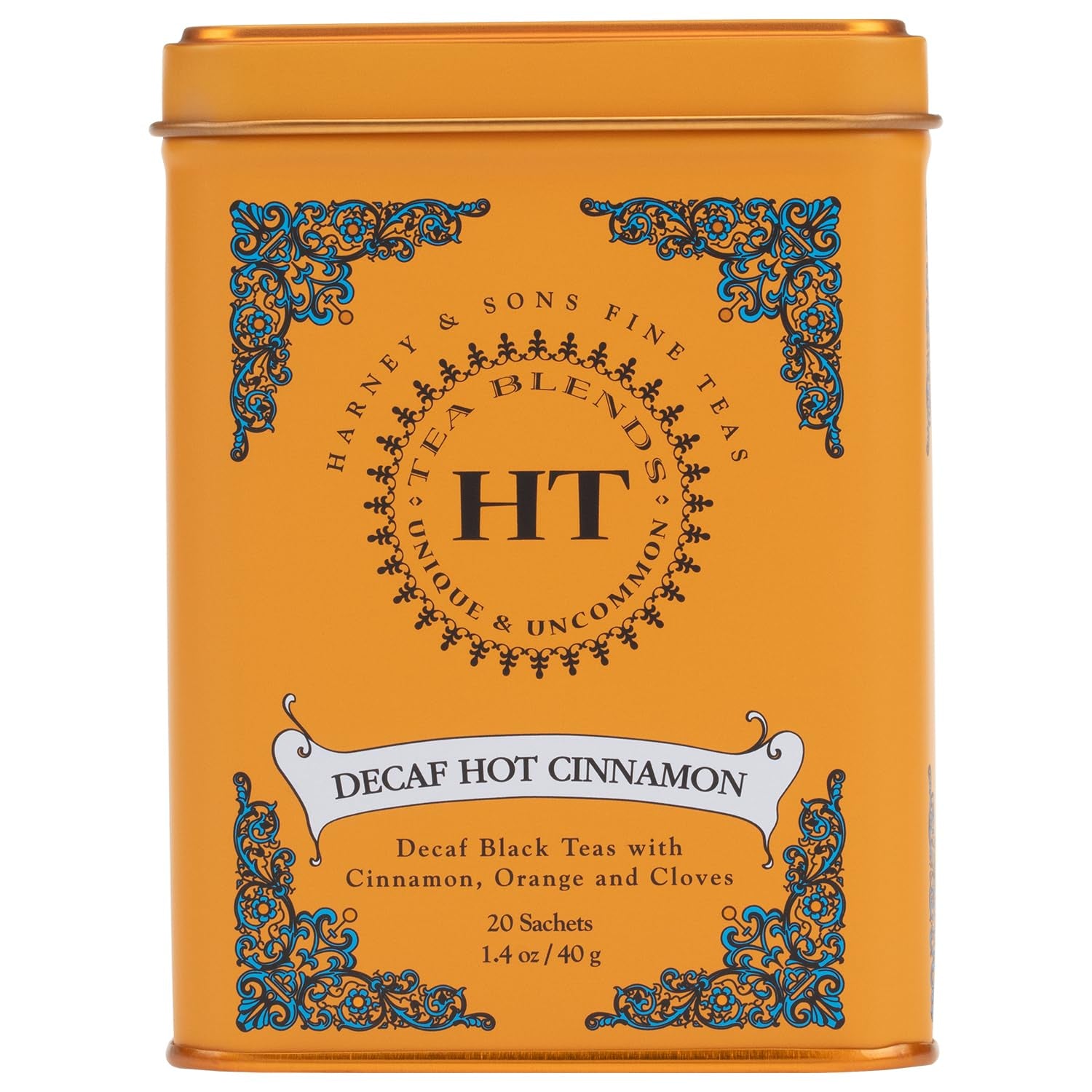 Harney and Sons Decaf Hot Cinnamon , Decaf Flavored Black 20 Sachets per Tin 1.4Oz | Decaffeinated Black Tea, Cinnamon, Orange Peel & Cloves, Naturally Sweet