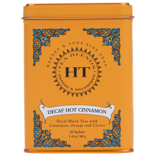 Harney and Sons Decaf Hot Cinnamon , Decaf Flavored Black 20 Sachets per Tin 1.4Oz | Decaffeinated Black Tea, Cinnamon, Orange Peel & Cloves, Naturally Sweet