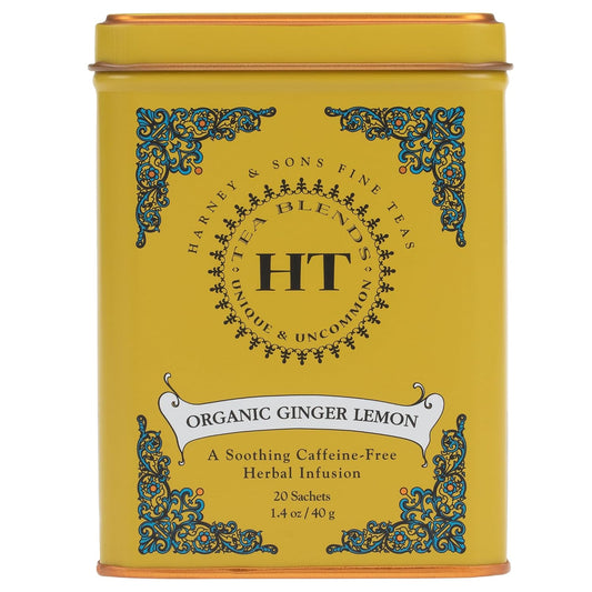 Organic Ginger Lemon Herbal Tea, 20 Sachets in Tin | Organic Herbal Tea with Ginger Root, Lemon Peel and Black Pepper. Naturally Caffeine Free.