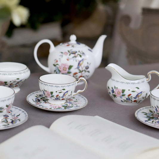 Fine Bone China Tea Party Set for Adult 7 Pieces Porcelain Flower Tea Set,Teapot and Set of 2 Teacups & Saucers with Sugar Bowl & Cream Jug