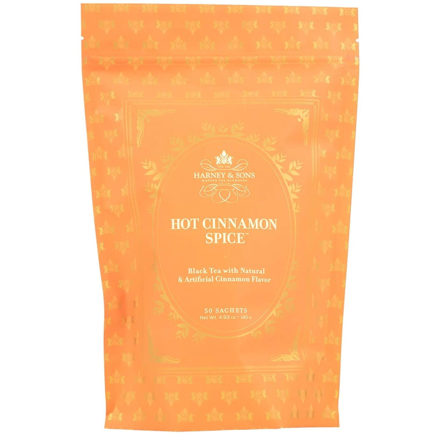 Hot Cinnamon Spice, Bag of 50 Sachets, Black Tea W/Orange Pieces and Cloves (Pack of 1) (Packaging May Vary)