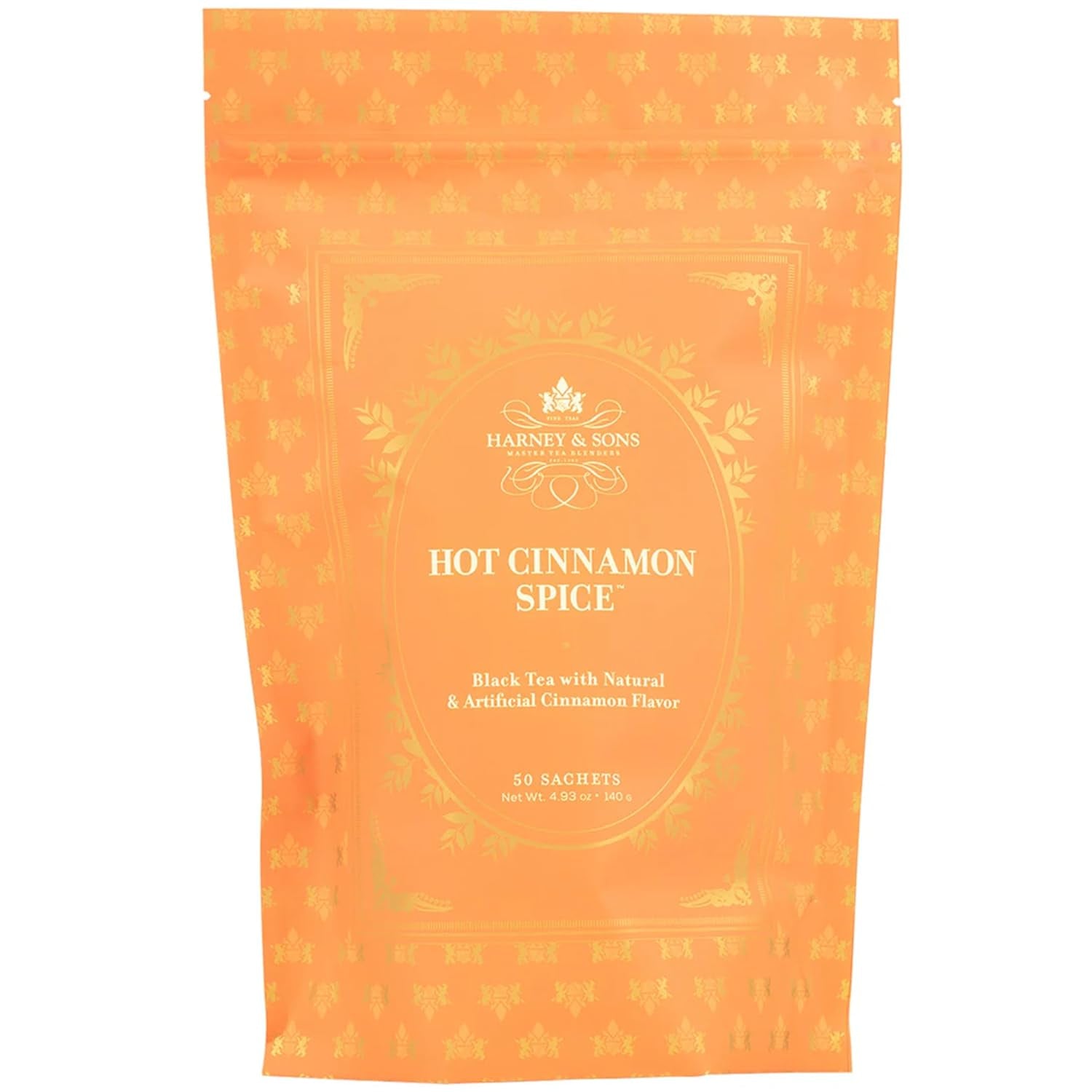 Hot Cinnamon Spice, Bag of 50 Sachets, Black Tea W/Orange Pieces and Cloves (Pack of 1) (Packaging May Vary)
