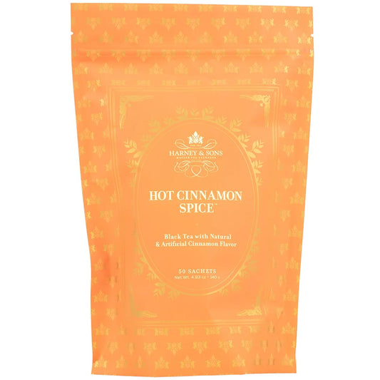 Hot Cinnamon Spice, Bag of 50 Sachets, Black Tea W/Orange Pieces and Cloves (Pack of 1) (Packaging May Vary)