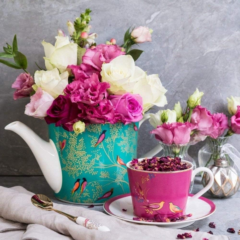 Sara Miller London Chelsea Collection 2 Pint Teapot | Green Teapot for Serving Tea and Coffee | Colorful Birds Design | Made from Fine Porcelain | Handwash Only