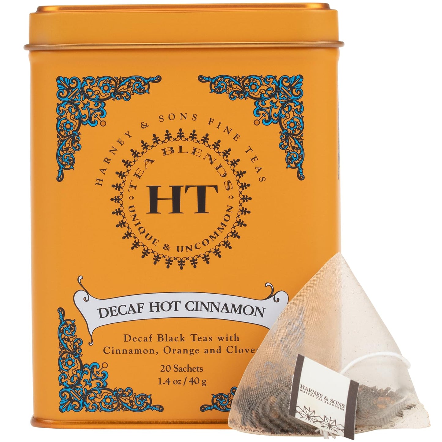 Harney and Sons Decaf Hot Cinnamon , Decaf Flavored Black 20 Sachets per Tin 1.4Oz | Decaffeinated Black Tea, Cinnamon, Orange Peel & Cloves, Naturally Sweet