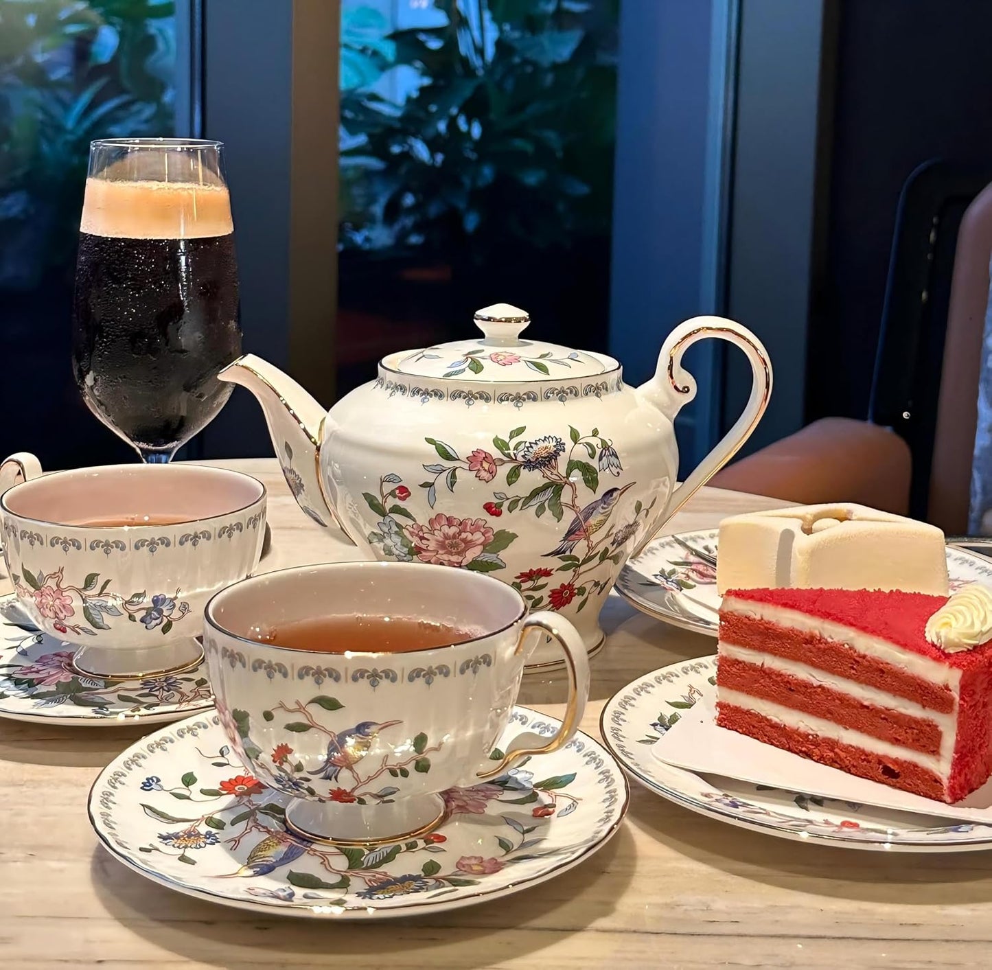 Fine Bone China Tea Party Set for Adult 7 Pieces Porcelain Flower Tea Set,Teapot and Set of 2 Teacups & Saucers with Sugar Bowl & Cream Jug